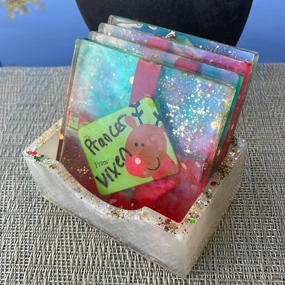 XMAS Handmade Fun and Festive Holiday Square Coaster Set and Holder